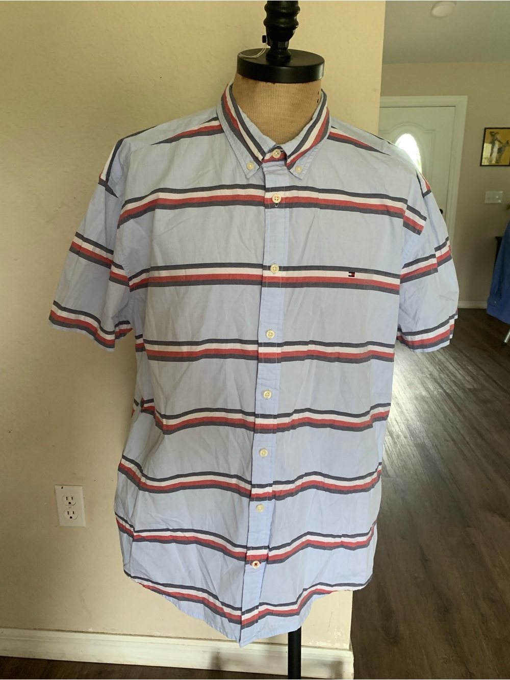 Tommy Hilfiger Light Blue Short-Sleeve Stripe Button-Down Shirt XXL